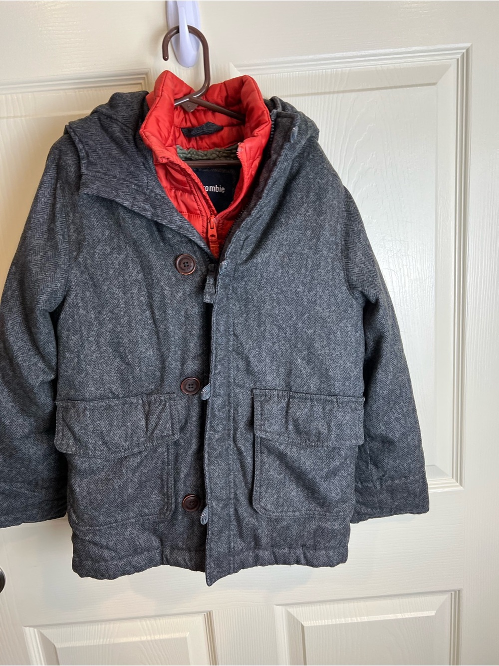 Abercrombie & Fitch Kids Gray Hooded Coat with Red Inner Puffer 7 8